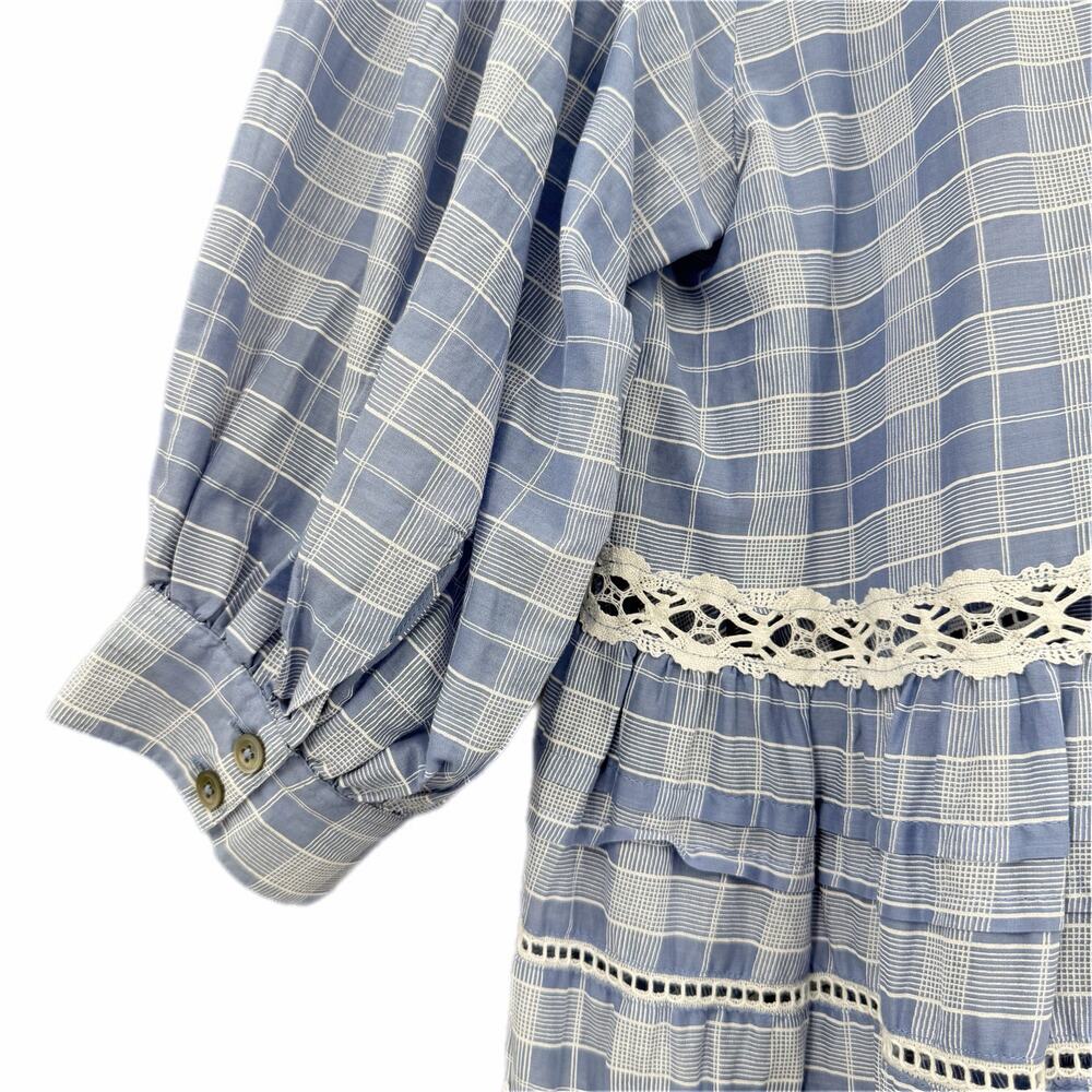 Free People Time Out Plaid Lace Trim 3/4 Sleeve Blue White 100% Cotton Tunic Top - Picture 8 of 10